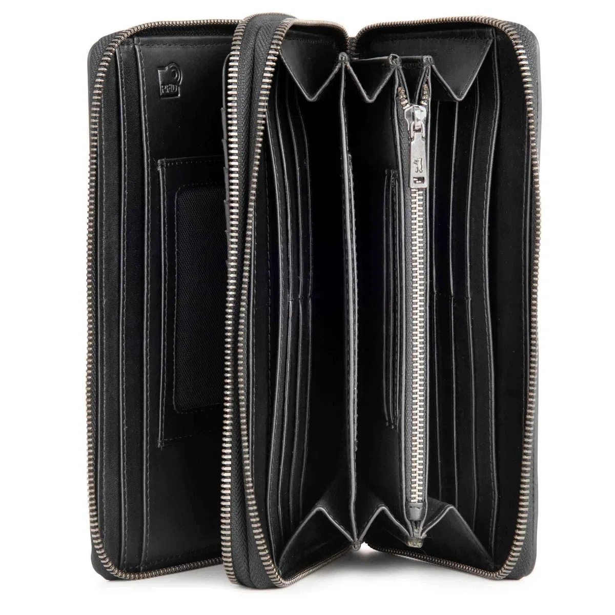 Berliner Bags Dallas Cartera XL Organizador de Viaje de Cuero Hombre RFID | Negro Billetera De Piel Auténtica 26 Tarjetas Monedero Con Cremallera Correa Muñeca Bucle Bolígrafo Protección Nfc Elegante