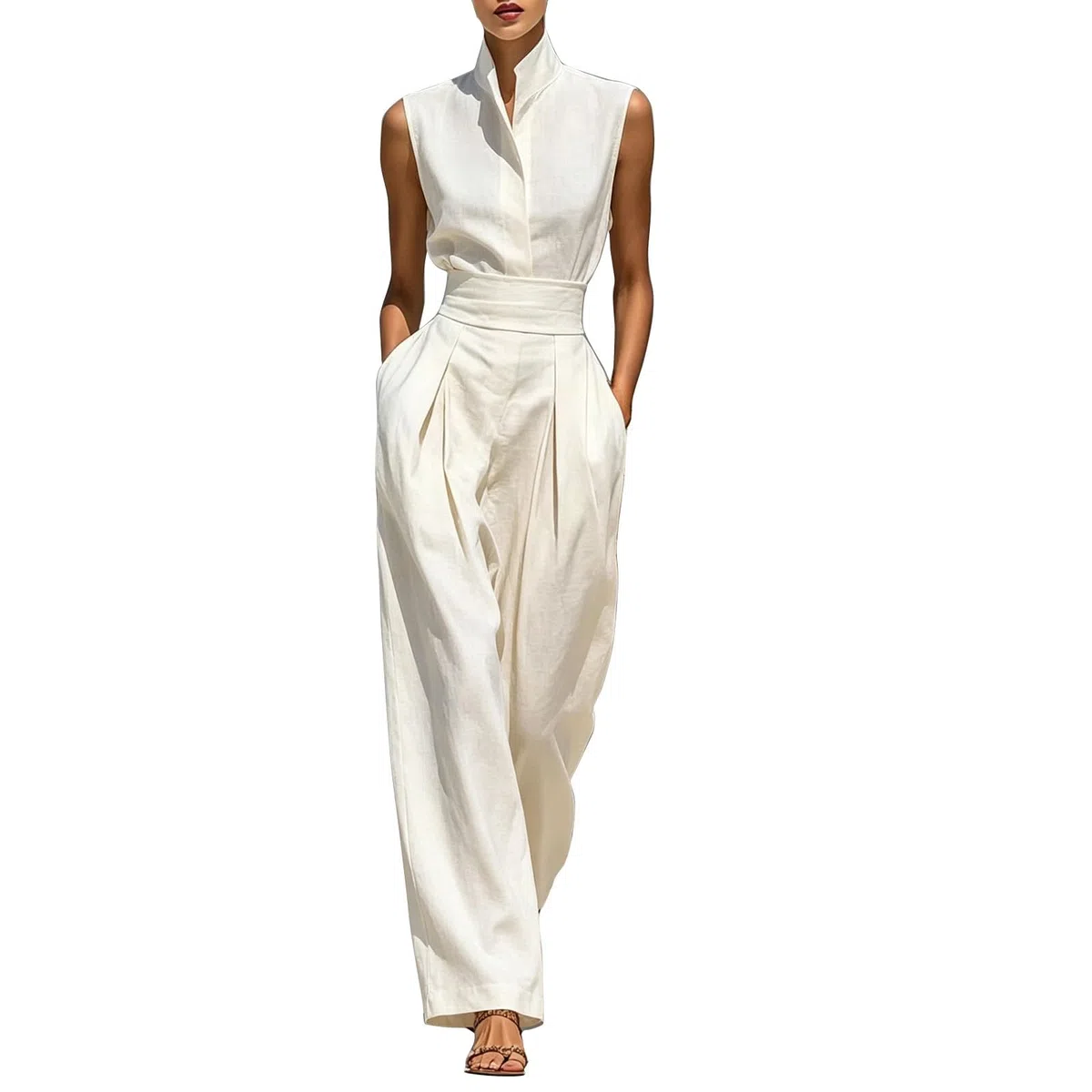 Mono elegante de verano para mujer, cuello alto, pierna ancha, mono