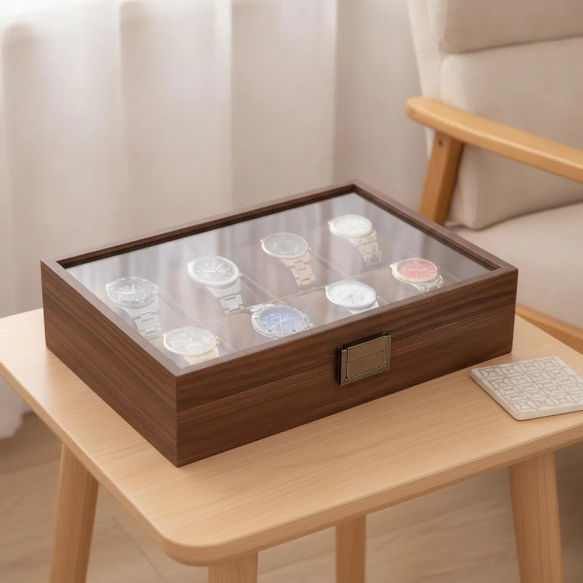 Gralara Organizador Relojes con Tapa Clásico Estuche Organizador Relojes con Compartimentos Expositor para Cómoda
