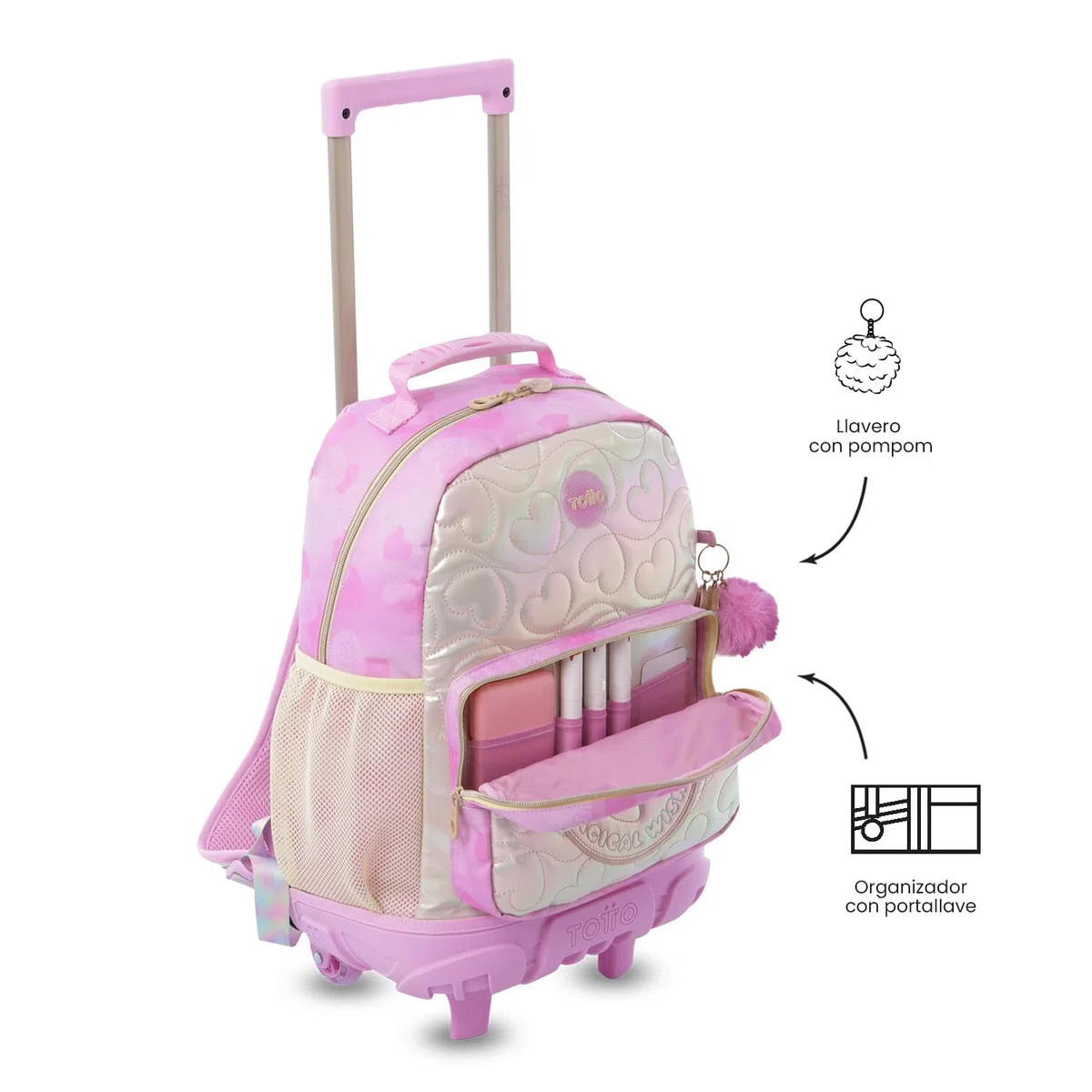 TOTTO - Mochila Escolar con Ruedas, Modelo Unicorn Kisses M, Mochila Mediana, Capacidad 23L, Bolsillos Botella, Compartimento Frontal, Protección en la Base, Correas Ajustables, Estampado Rosa