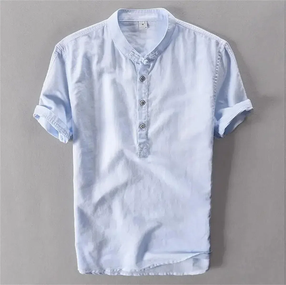 Camiseta de manga corta para hombre, cuello mandarín, algodón, lino, ajuste delgado, transpirable, informal, para uso diario