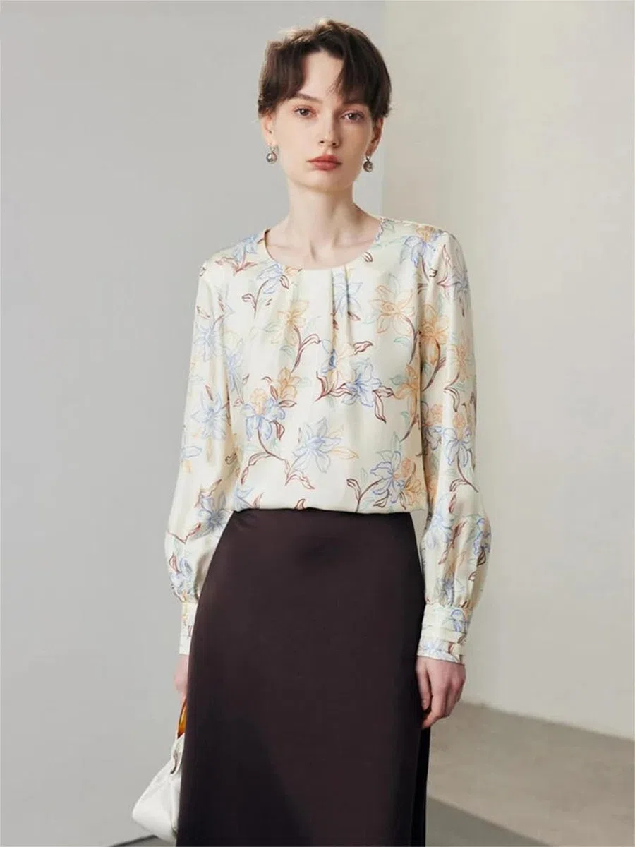 Blusas florales para mujer, 100% seda real, cuello redondo, manga larga, elegante