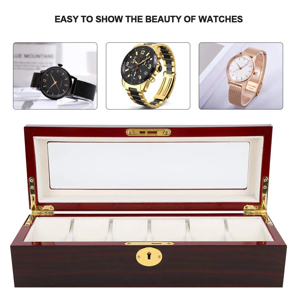 Caja de almacenamiento para relojes con llave, vitrina de madera de 6 rejillas para coleccionistas, organizador seguro para relojes de lujo, protector duradero para