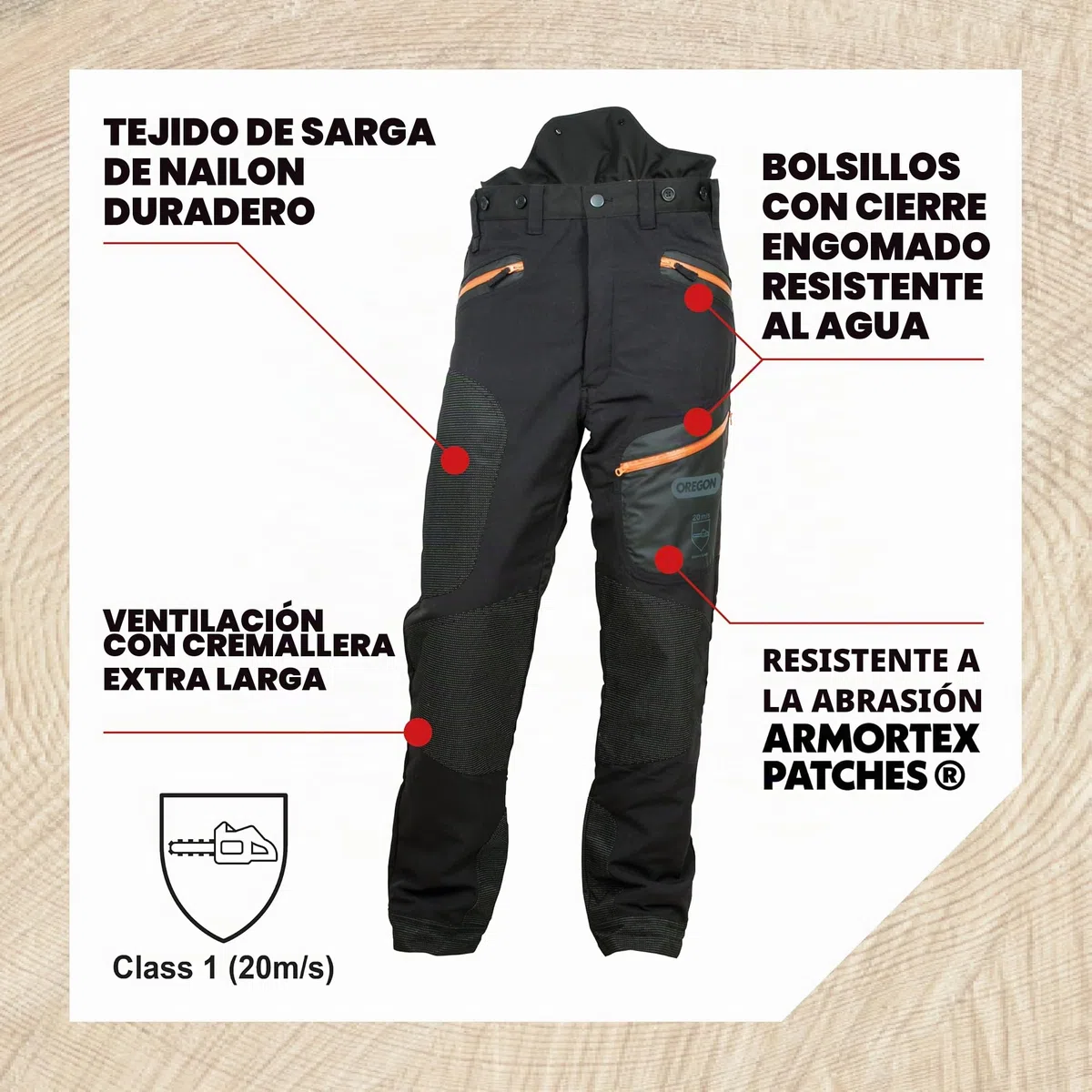 Oregon Pantalones de Seguridad Profesionales para Motosierra Fiordland, Protección Clase A, Pantalones de Trabajo para Hombre y Mujer, EPI Ajustable con Protección 20m/s EN ISO 11393-2n - Talla M