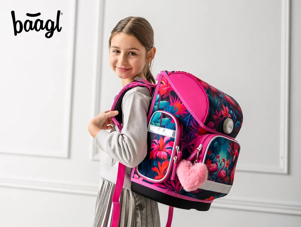 Baagl Mochila escolar para niños y niñas para 1ª clase (o 2ª clase), mochila escolar Ergo para niños y niñas, mochila escolar ligera con correa para el pecho, Flamingos