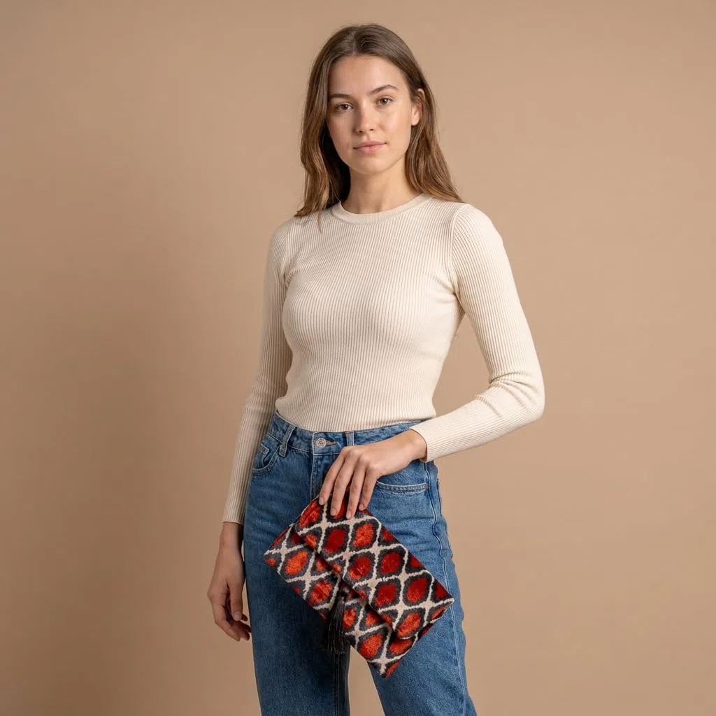 Bolso Ikat de terciopelo de seda hecho a mano, estilo sobre, diseño bohemio, patrón étnico, opción de correa de cadena, bolso de mano de fiesta de noche, bolso de mano de alta calidad, blanco