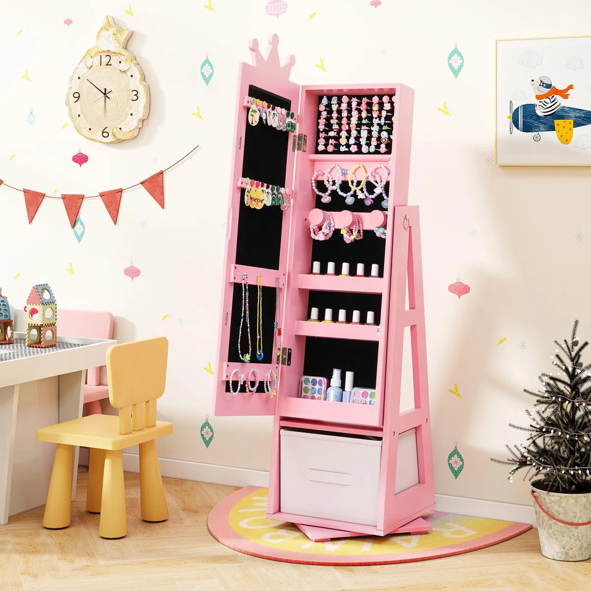 GOPLUS Armario para Joyas de Niños con Espejo de Cuerpo Completo, Armario Joyero Infantil con Cajón Plegable, Mueble de la Joyería para Dormitorio y Sala de Juegos de Niños de 3+ Años (Rosa)