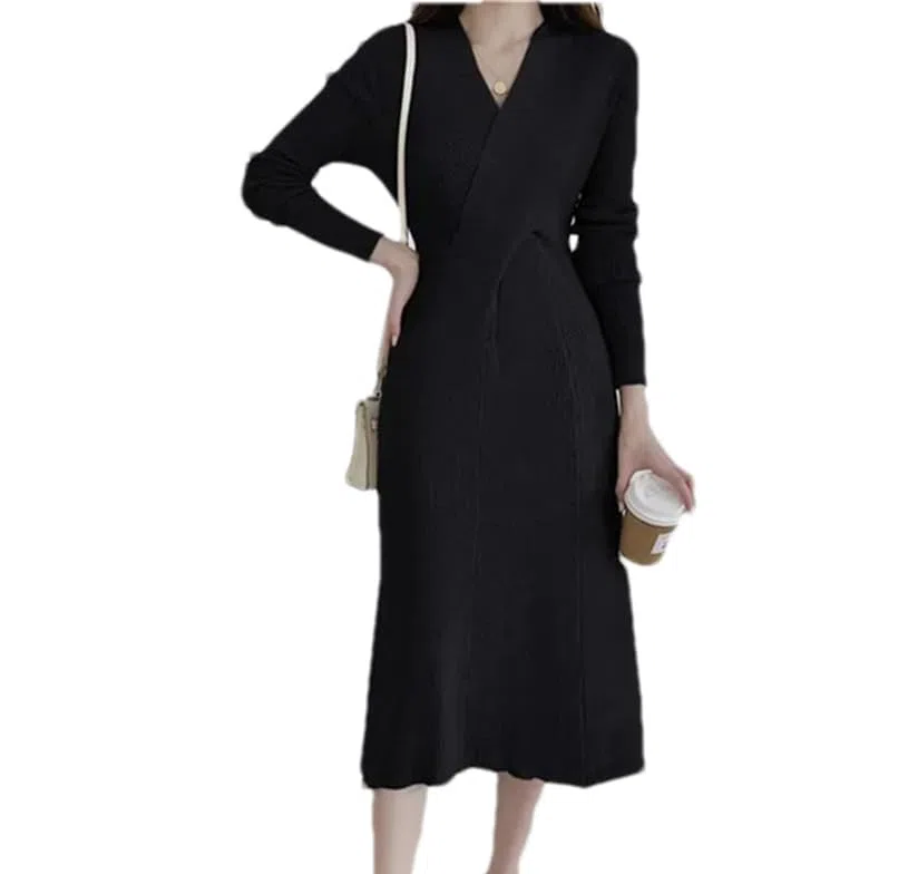 Vestido de punto delgado con cuello en V para mujer, manga larga, negocios, casual, otoño, vestidos