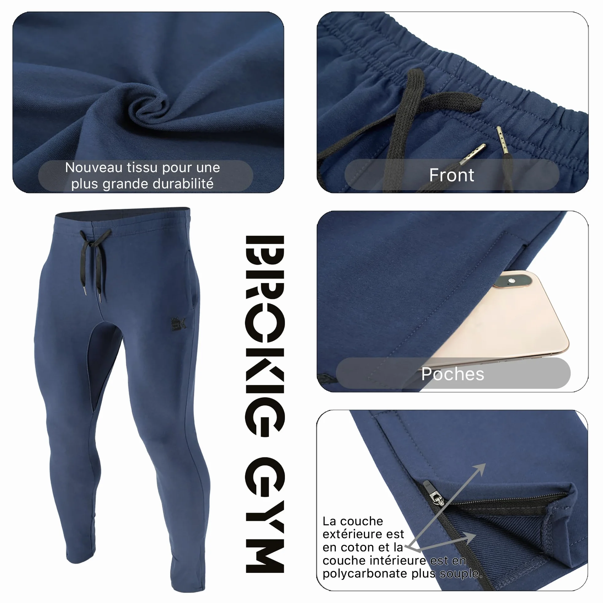BROKIG Pantalones de correr con cremallera para hombre, pantalones deportivos delgados, con bolsillos, pantalones de algodón, fitness para hombres