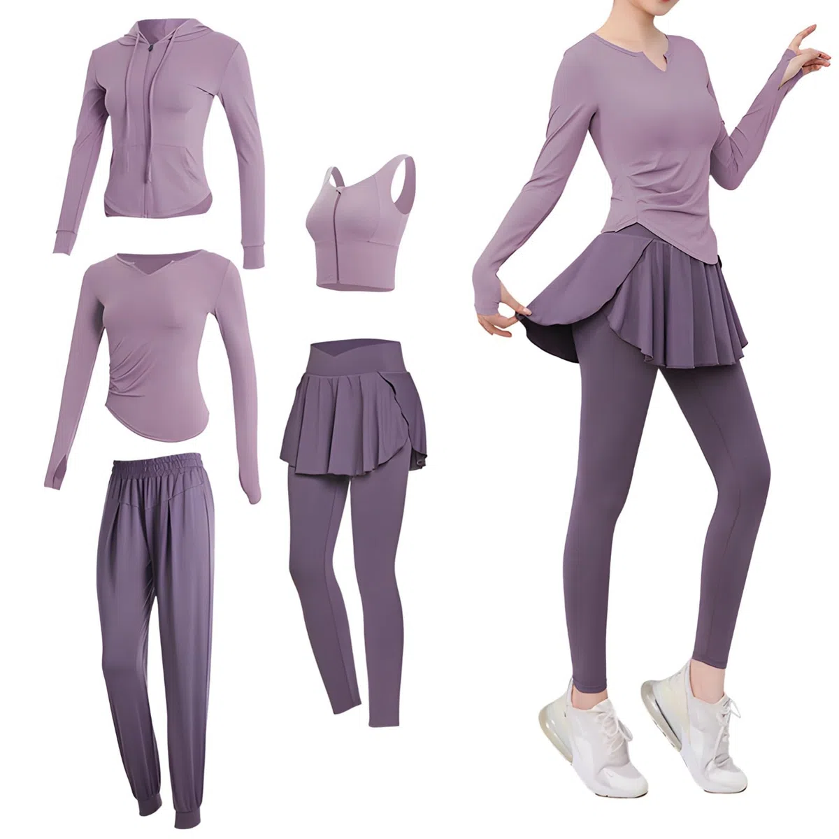 Conjunto de yoga y fitness de 5 piezas para mujer, camiseta atlética de manga larga, pantalones deportivos de cintura alta con falda, tela transpirable y que absorbe la humedad, cómodo y elegante