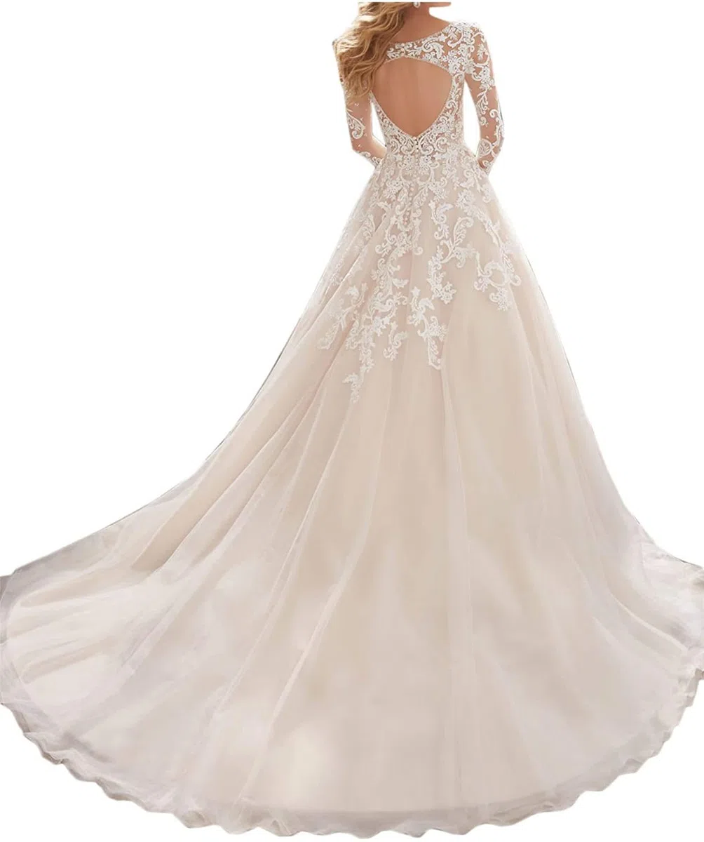 Vestido de Novia, Vestido de Novia, Vestido de Noche de Manga Larga, Vestido de Mujer de Encaje de Tul, Palabra