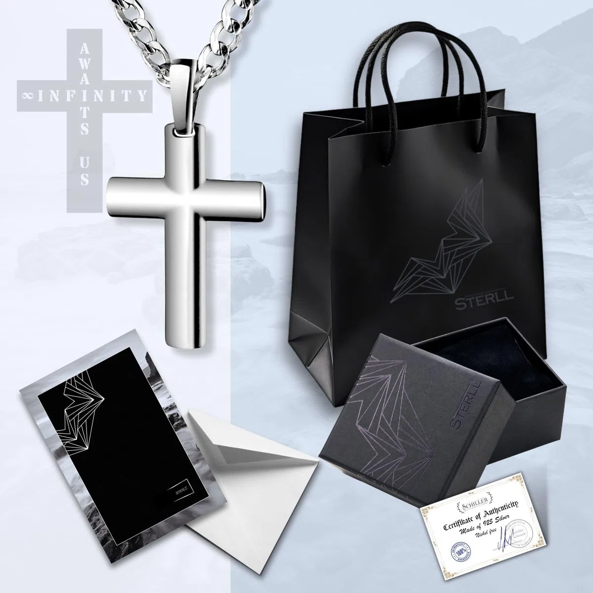 Cadena para hombre de plata 925 maciza con colgante de cruz de plata 'Infinity AWAITS US' – Ideal como regalo para marido o amigo – Incluye caja ecológica