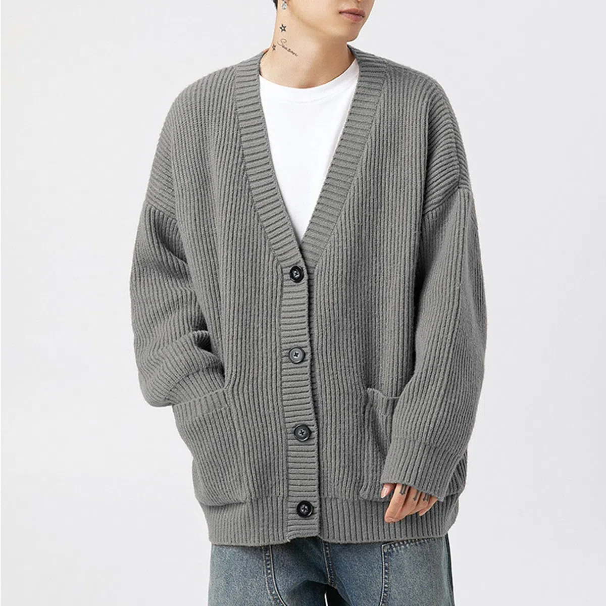 Cardigans Hombre Invierno, Chaqueta Hombre Punto Fino con Cuello Jersey Elástico Manga Larga De Punto con Botones Elegante Y Ajustado Suéter Ligero Y Cárdigan para Exterior El Ocio