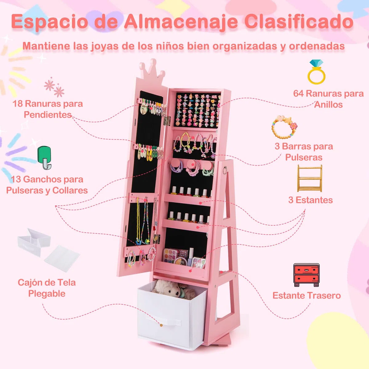 GOPLUS Armario para Joyas de Niños con Espejo de Cuerpo Completo, Armario Joyero Infantil con Cajón Plegable, Mueble de la Joyería para Dormitorio y Sala de Juegos de Niños de 3+ Años (Rosa)