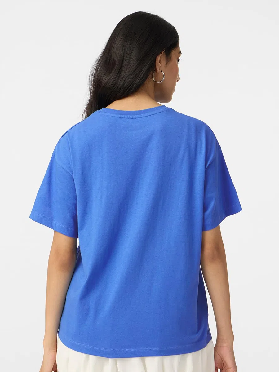 The Souled Store Dentro: Joy Camiseta de manga corta con cuello redondo de algodón con estampado gráfico azul para mujeres y niñas