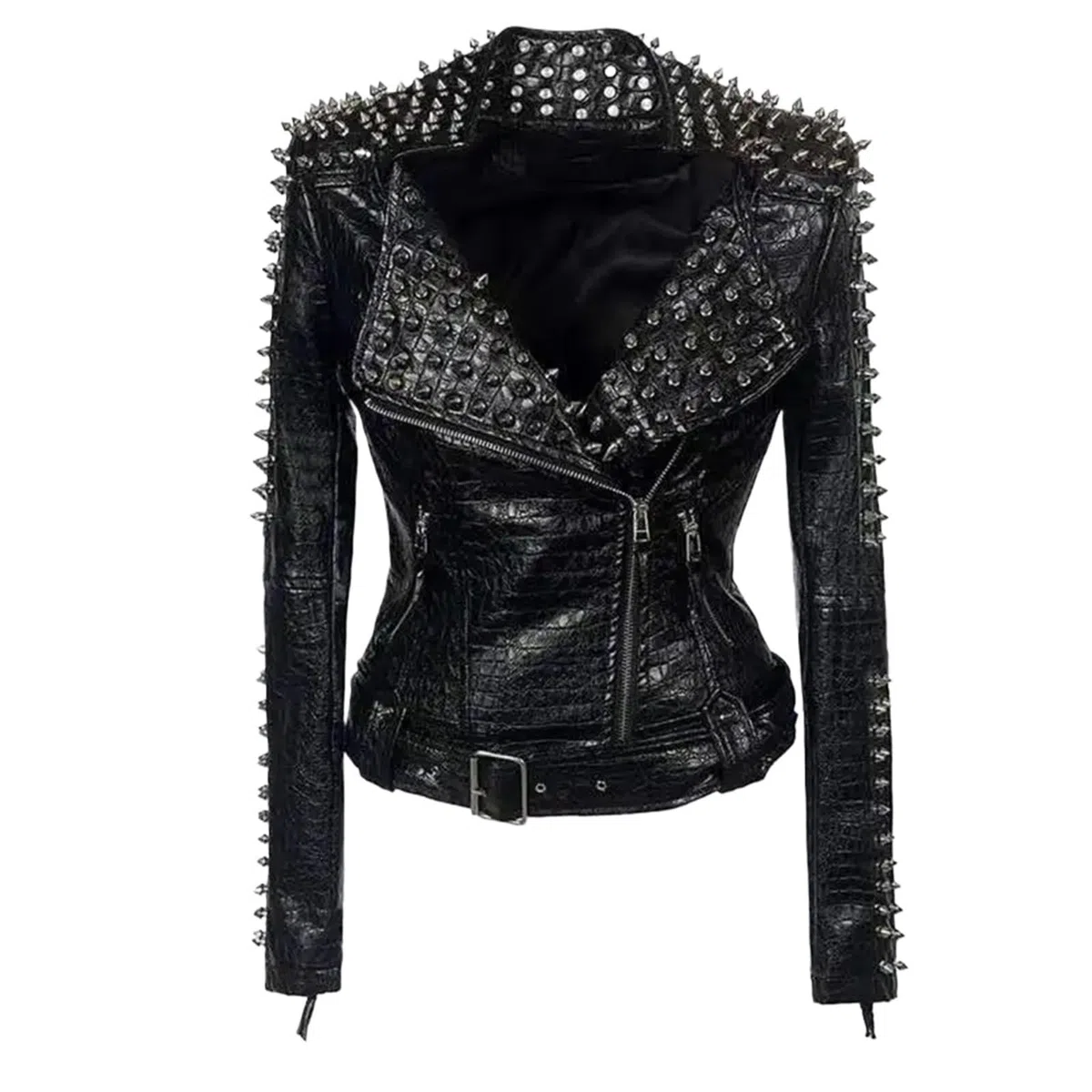 Chaqueta Cuero Mujer Abrigo de cuero invierno con múltiples remaches, chaqueta corta manga larga, moda for mujer, ropa punk rock negra Para salir