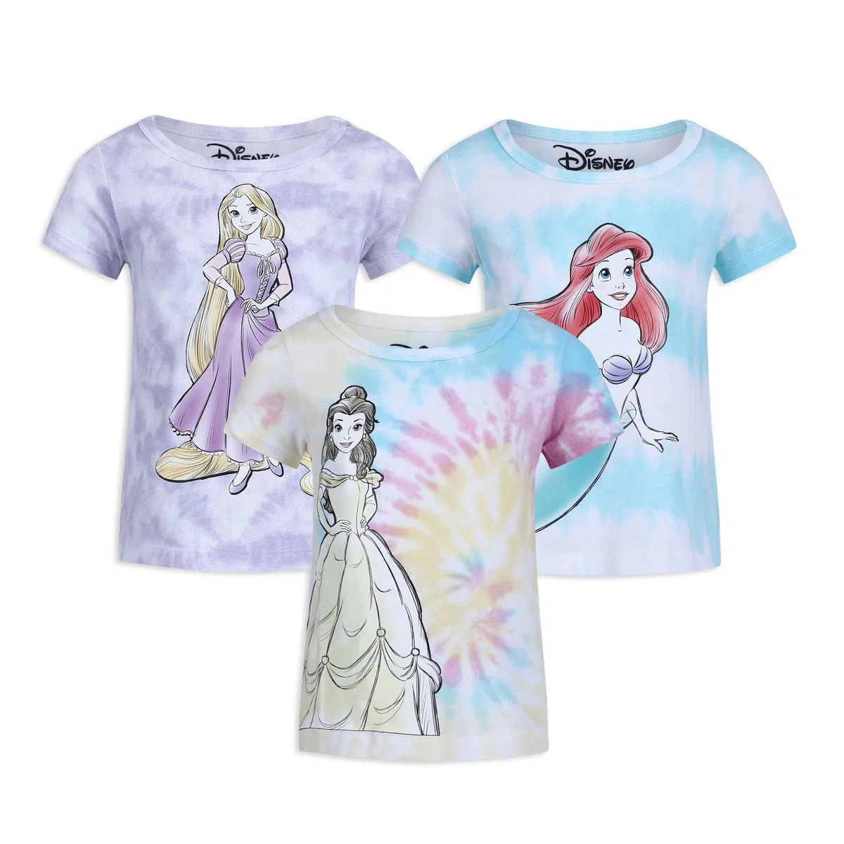 Disney Princesa Ariel, Rapunzel and Belle - Pack de 3 camisetas para niña
