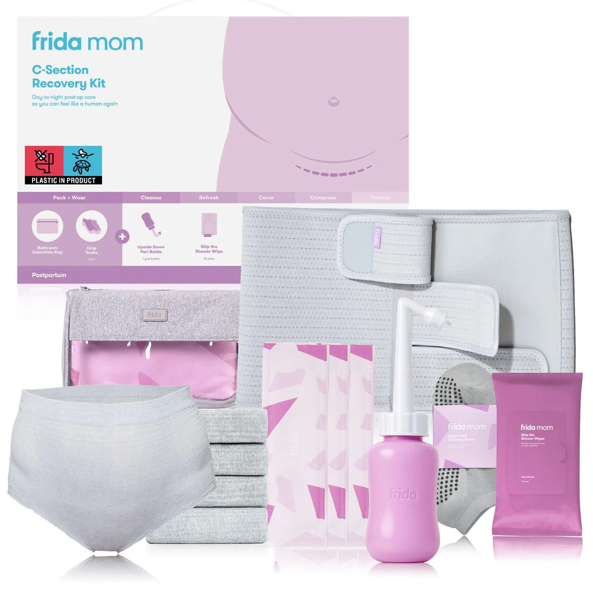 Frida Mom Kit imprescindible de recuperación de cesárea para el parto, parto y posparto: calcetines, botella Peri, bragas desechables, carpeta de soporte abdominal, toallitas de ducha, parches de