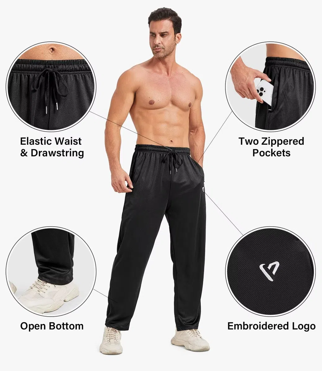 lomsoe Pack de 5 pantalones de chándal para hombre, tejido de malla, pantalones deportivos largos con bolsillos con cremallera, pantalones de chándal holgados para correr y tiempo libre, negro, gris