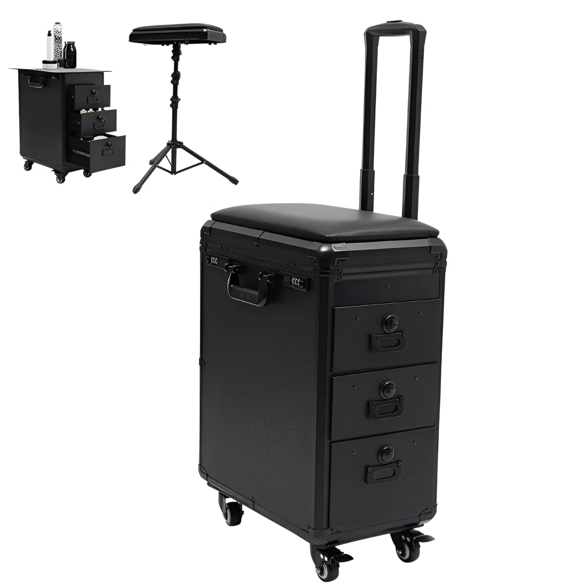 Maletín de cosméticos 4 en 1, con ruedas, cerradura de combinación profesional, capacidad de carga de 20 kg, para viajes, esteticista, peluquería, 42 x 28 x 53 cm (negro)