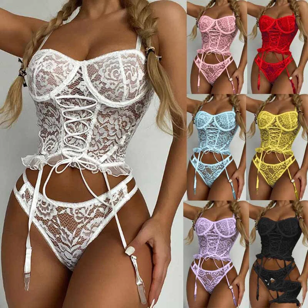 AKAZI Ropa de Dormir de lencería Sexy para Mujer, Ropa Interior de lencería Sexy, lencería Sexy, Pijama de Encaje Ajustado, Negro, S (Blanco XXL)