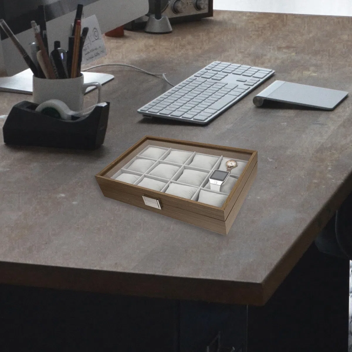 Alipis Caja organizadora de relojes y collares de madera con tapa transparente, 12 ranuras para almacenamiento y almohadas suaves para uso personal y exhibición