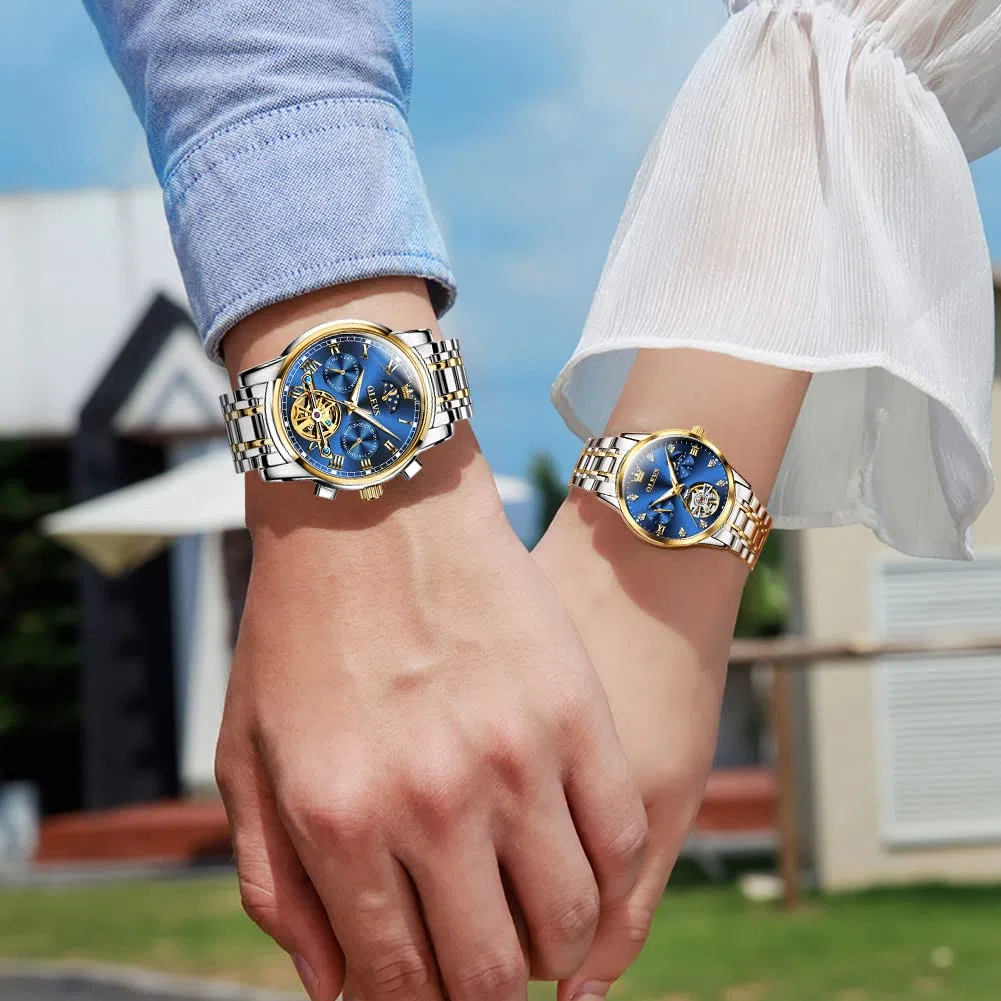 OLEVS Par de relojes para parejas, mecánicos automáticos, con cuerda automática, para él y ella, regalos del día de San Valentín, 6617+6608: banda de dos tonos y esfera azul