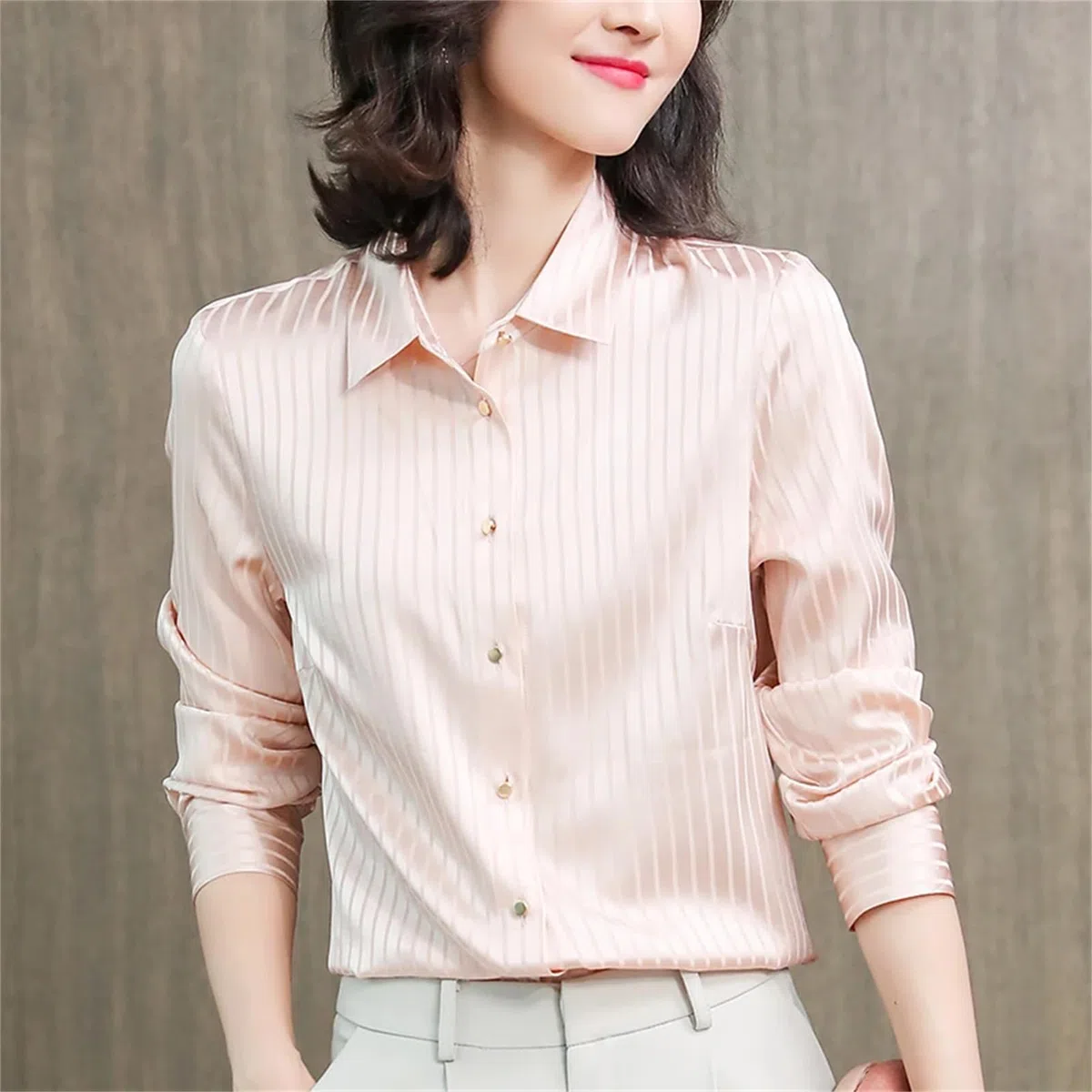 Blusa básica de satén de seda para mujer, cuello vuelto, manga larga, blusa a rayas