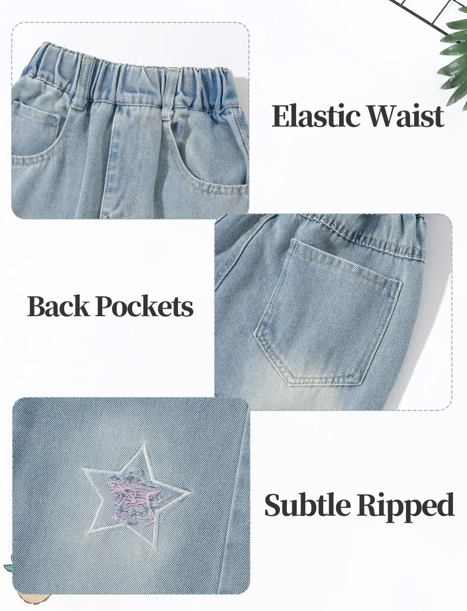 Jeans rasgados para niñas, cintura alta elástica, pierna ancha, pantalones de mezclilla desgastados con bolsillos, holgados, casuales, ropa de calle 5-14 años, star, 5-6 años