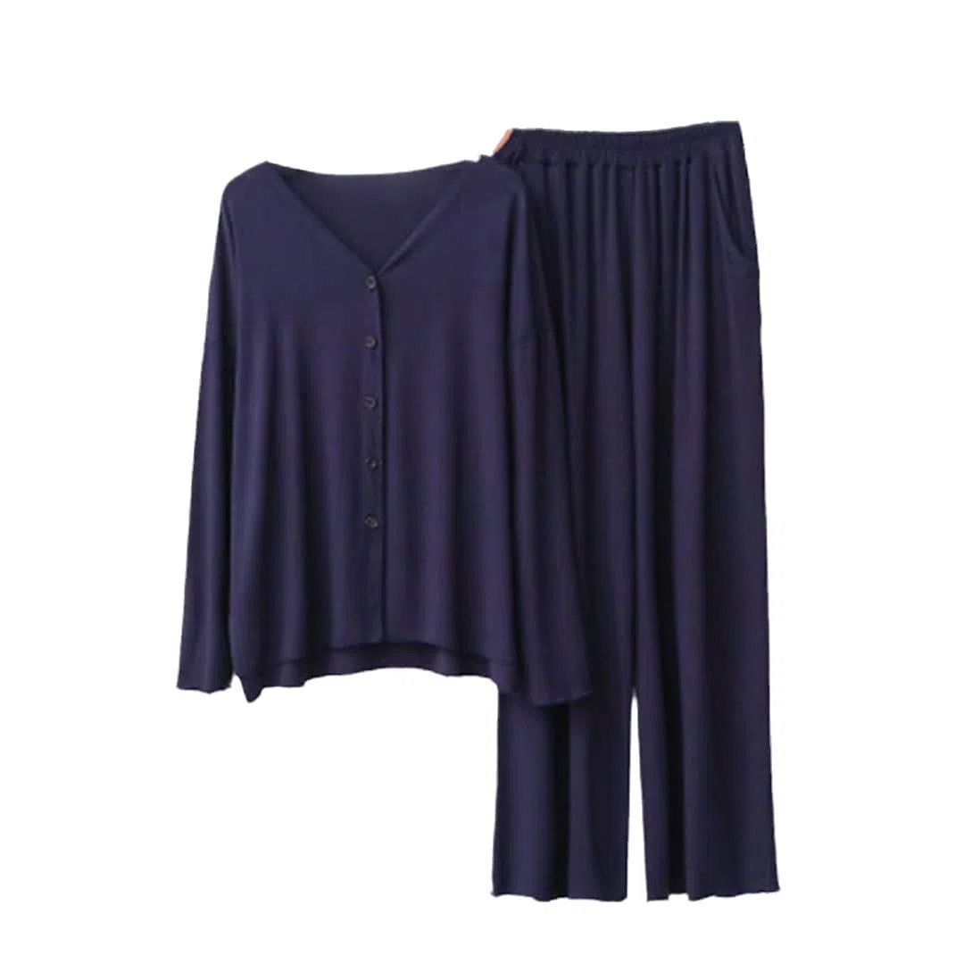 Conjunto de pijama de algodón suelto de manga larga para mujer, casual, otoño, invierno, cuello en V, azul marino, M