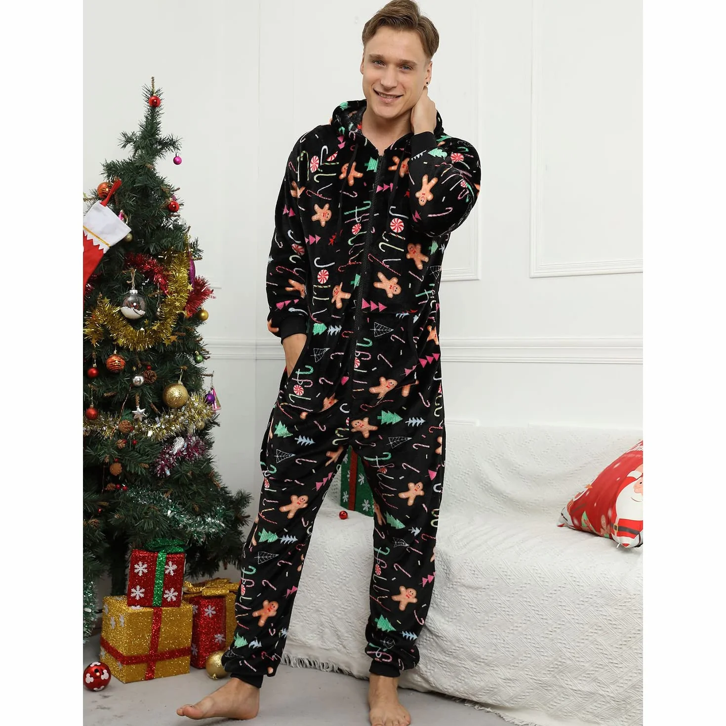 Pijama Navidad Una Pieza Hombre Franela Pijamas Mono Entero con Capucha Manga Larga Invierno Calentito Jumpsuit Adulto Onesie Ropa de Casa Dormir Caramelo de Navidad Negro M