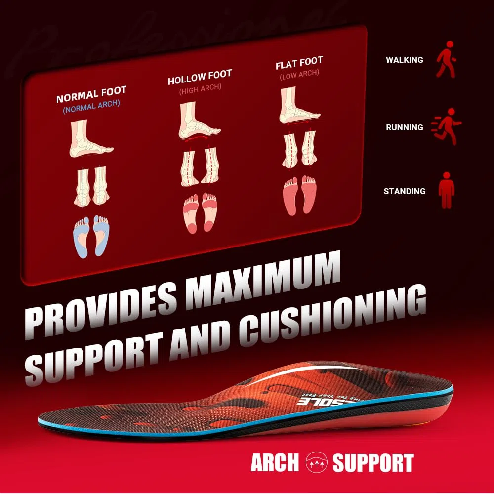 VALSOLE Plantilla de soporte de arco alto para fascitis plantar de más de 220 libras para hombres y mujeres, inserto ortopédico de apoyo resistente, alivia los pies planos, arco alto, dolor de pies,