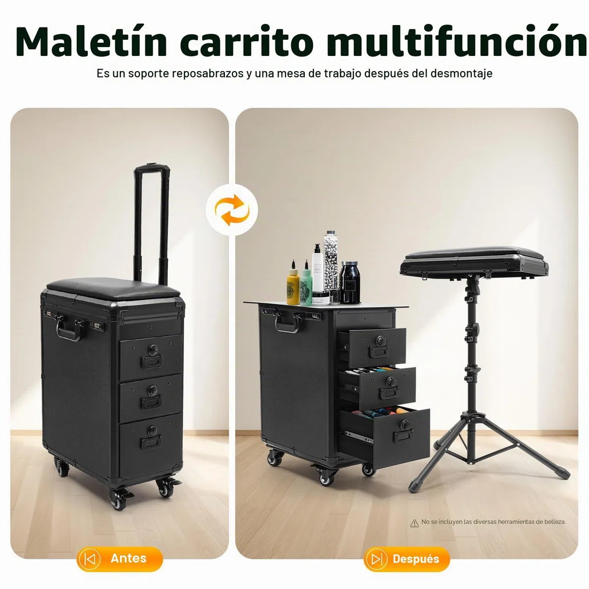 Maletín de cosméticos 4 en 1, con ruedas, cerradura de combinación profesional, capacidad de carga de 20 kg, para viajes, esteticista, peluquería, 42 x 28 x 53 cm (negro)