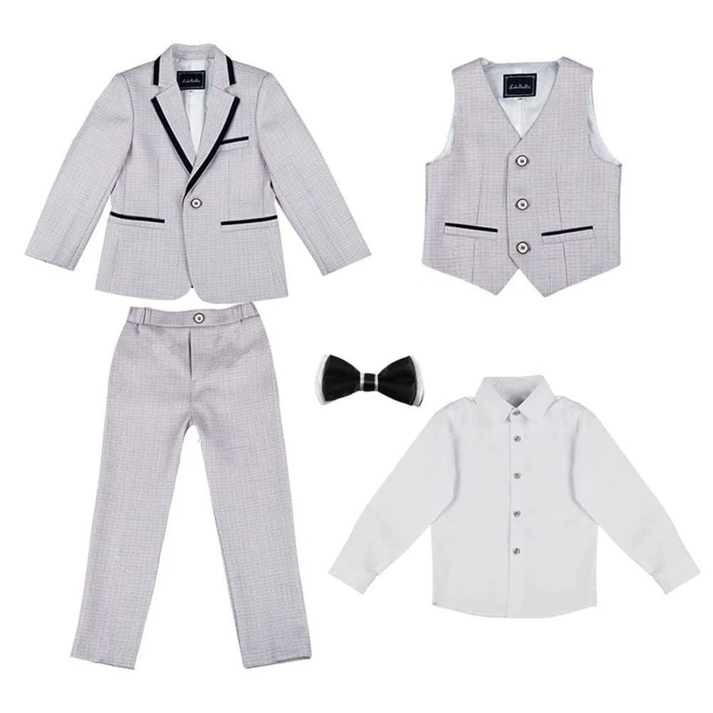 DAIHAN Infantil Traje de niño Actuación Boda Cumpleaños Fiesta Ceremonia Ropa Formal Conjunto de Smoking Chaleco de Vestir Blazer intura Elástica Pantalones Elegantes con Pajarita 2-7 años