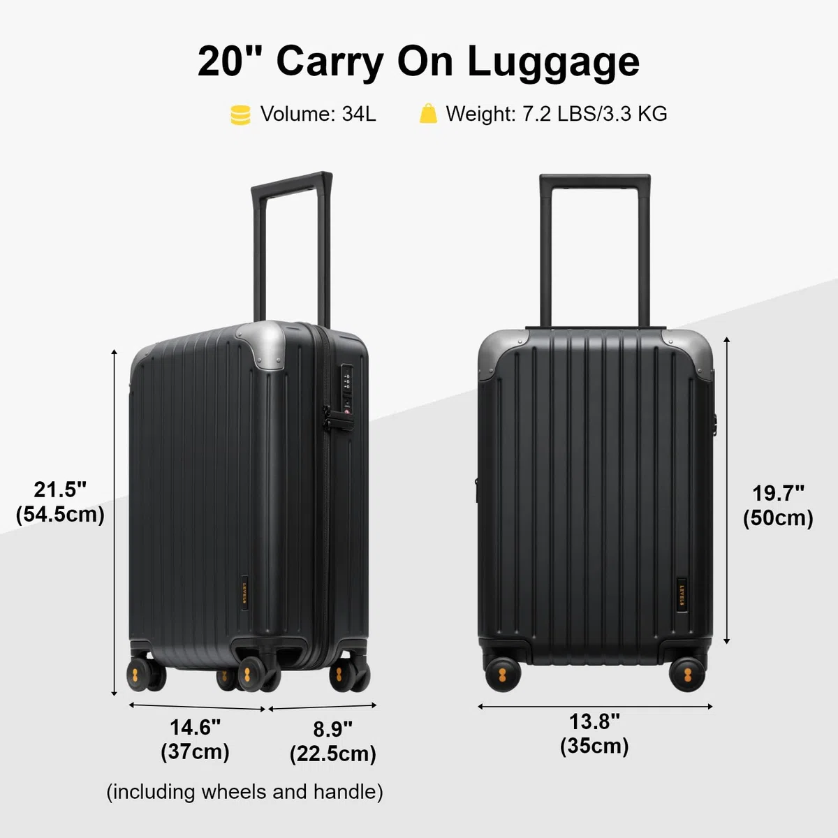 LEVEL8 Maleta Cabina Rígido Ligero ABS+PC TSA 4ruedas 55x37x23cm,34L, Negro | 4ruedas Silenciosa,Policarbonato