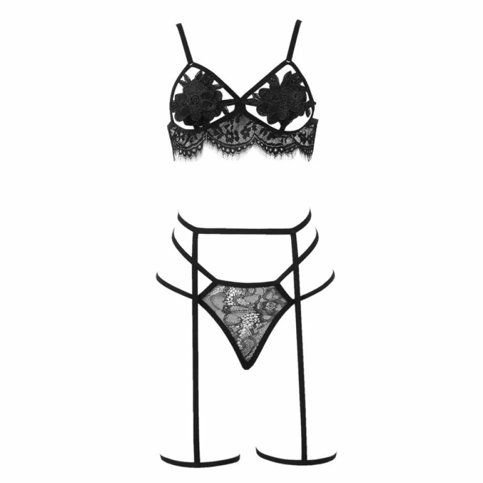 Conjuntos de lencería de Mujer tentación Tanga de Tres Piezas Ropa Interior Uniforme Ropa Interior Delgada Mujer (Black X)
