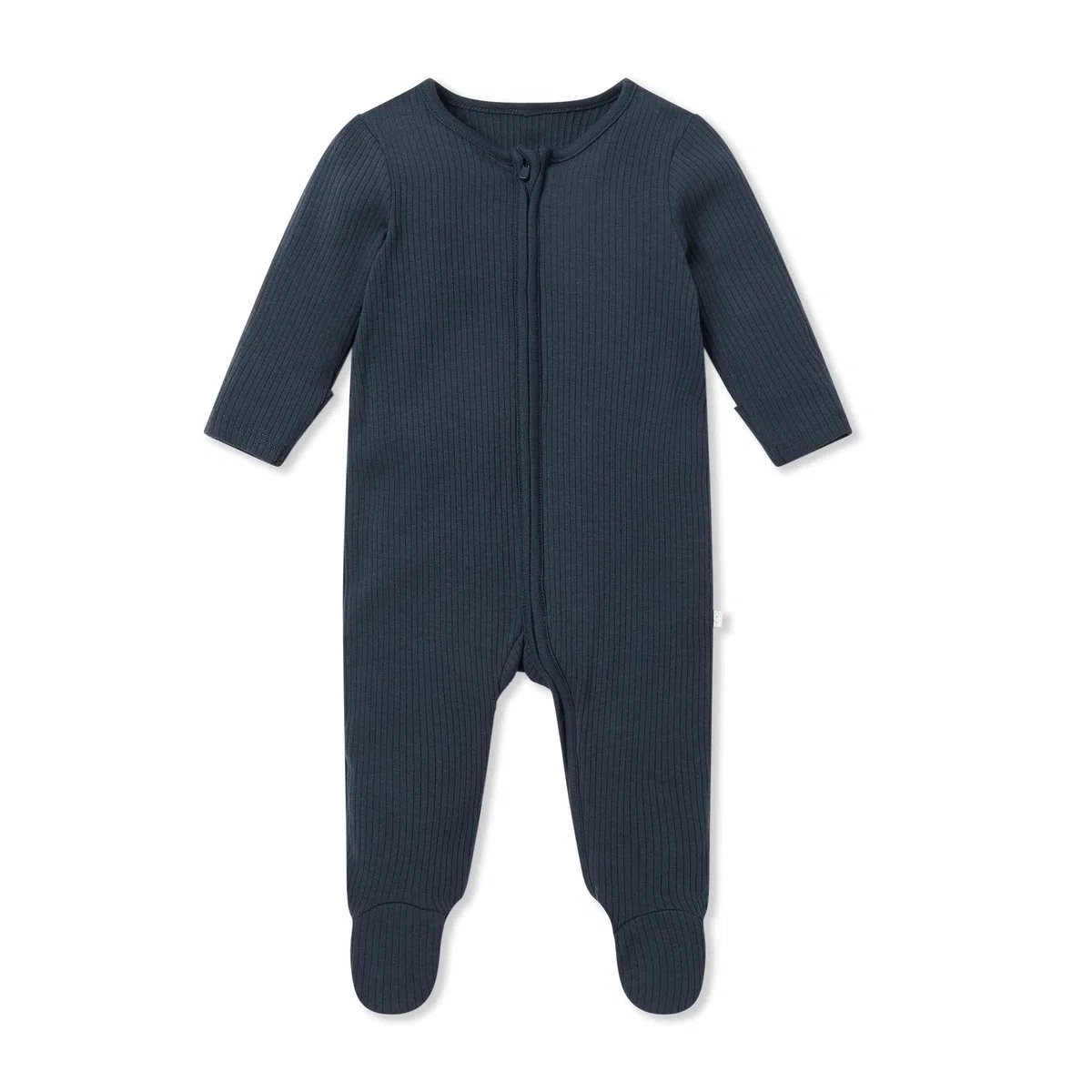 MORI Traje de dormir inteligente acanalado para bebés, niños y niñas, en azul marino acanalado, pijama orgánico con cremallera bidireccional, ropa de dormir cómoda con pies para niños pequeños, recién