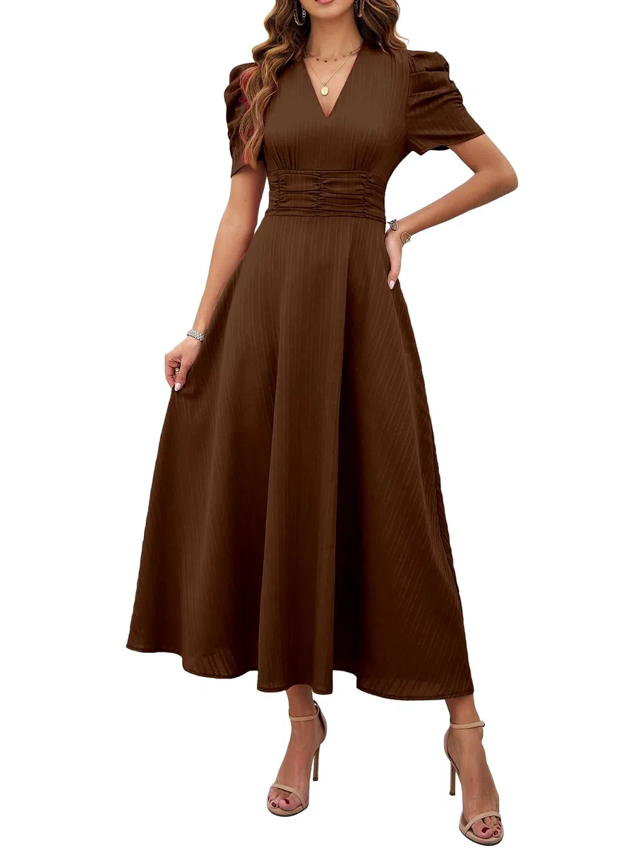 Shasmi Vestido largo liso para niñas y mujeres, cuello en V, línea A, vestido de fiesta de Año Nuevo, cintura, mangas abullonadas, vestido occidental, elegante ropa casual (vestido 246)