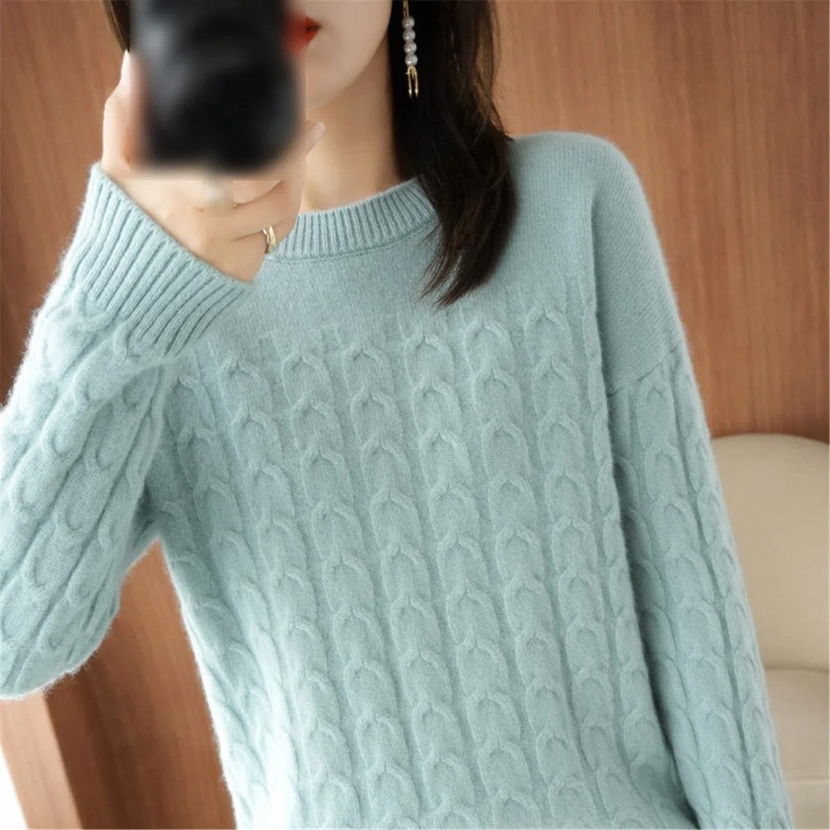 100% lana suéter de cachemira otoño invierno mujer O cuello jersey casual punto top chaqueta de manga larga, blanco, L