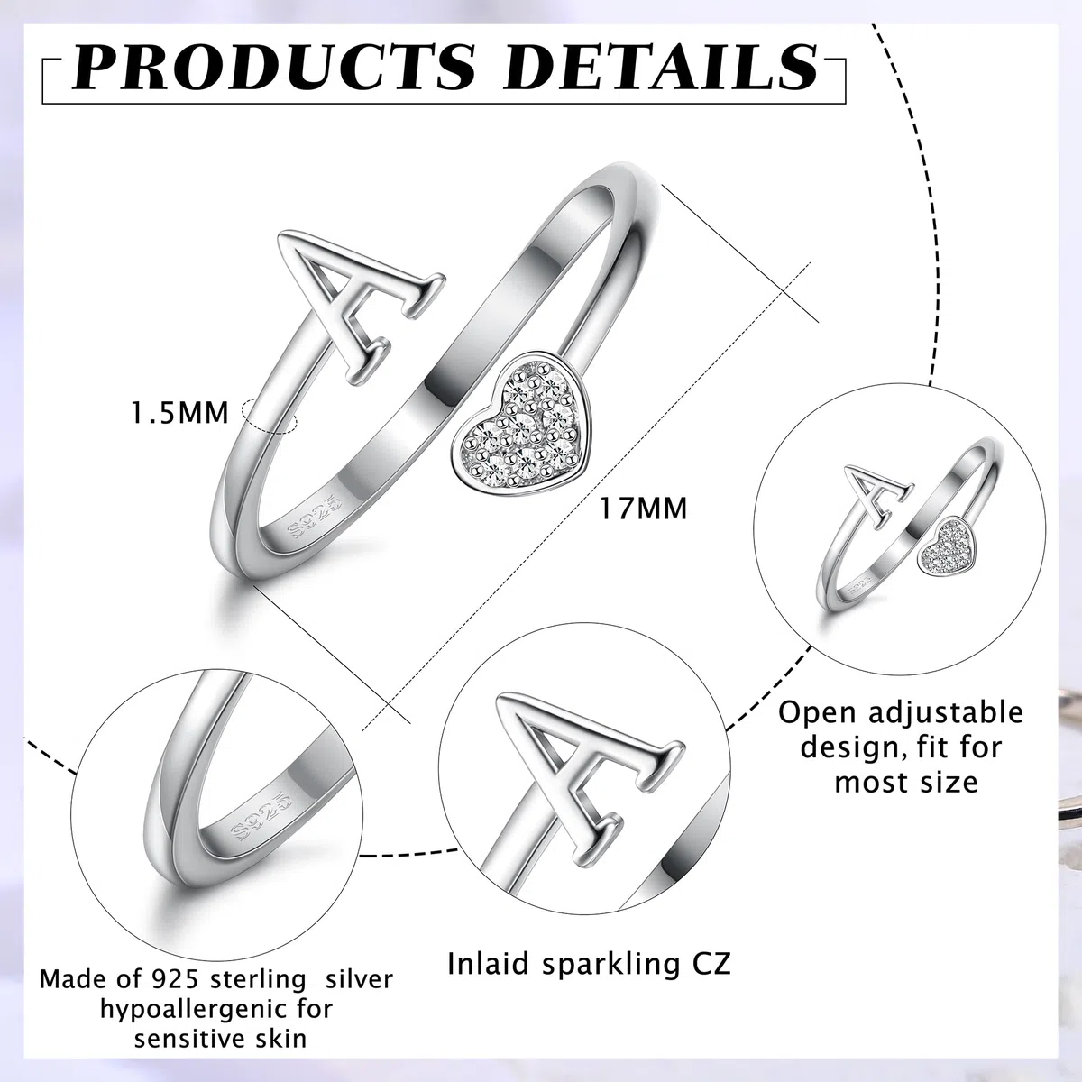 HMJGDHX Anillos de Plata de Ley 925 con Inicial de corazón para Mujeres y niñas, Anillos apilables Ajustables con Letras del Alfabeto chapados en Oro de 18 Quilates para Adolescentes