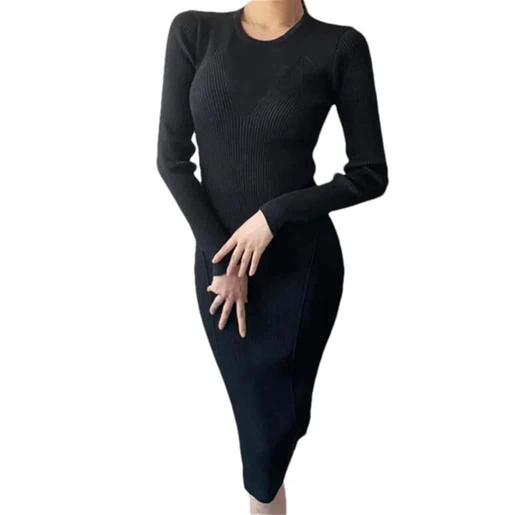 Vestido de punto de manga larga para mujer, delgado, sólido, vestido de otoño e invierno, vestidos de fondo midi