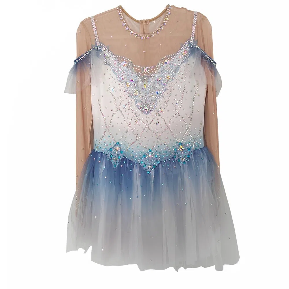 LIUHUO Vestido de patinaje artístico para niñas, color azul, malla graduada, manga larga, rendimiento de competición