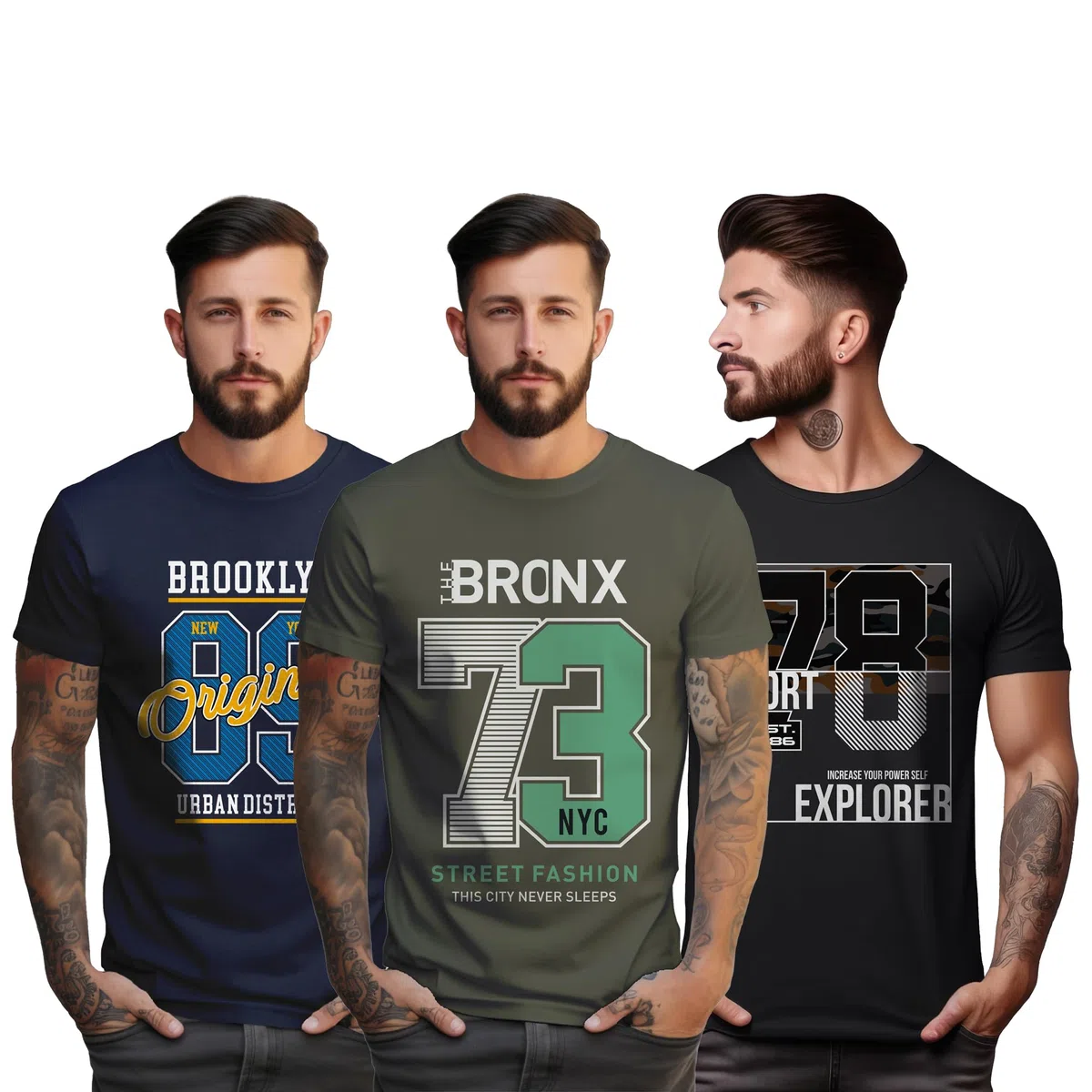 Peppyzone S a 5XL - Juego de 3 camisetas con estampado numerado para hombre, 100% algodón, manga media larga, corte regular