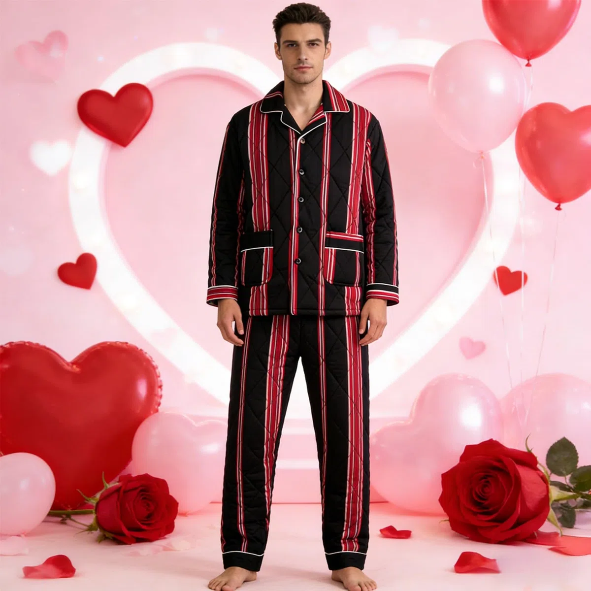Generisch Conjunto de ropa para el hogar para hombre San Valentín cómodo traje casual acogedor ropa de salón romántico conjunto de pijama de franela suave pijama pareja a juego traje de casa