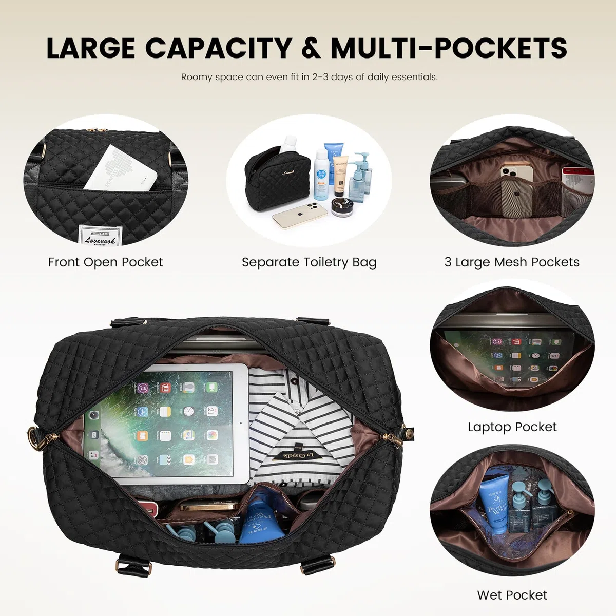 LOVEVOOK Bolsa de Viaje Mujer Bolsa Deporte Mujer Grande Maletas de Cabina Avion Travel Duffle Bag Bolso Maternidad Hospital Equipaje de Mano con Neceser Organizador para Viaje Gym Playa Sauna