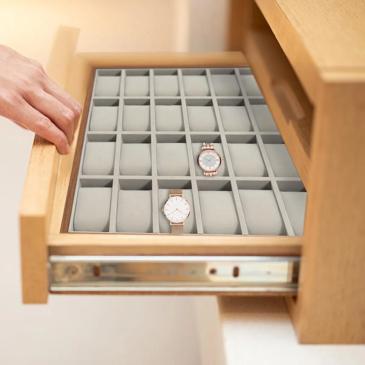 Caja de reloj con 24 compartimentos, caja de almacenamiento para joyas, organizador de almacenamiento, bandeja de madera, caja de exhibición de madera, para uso personal, exhibiciones de