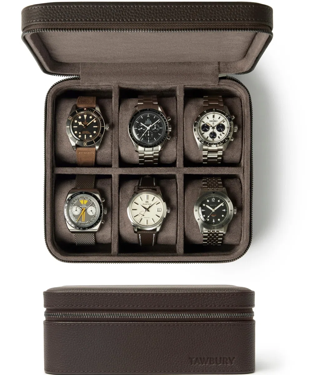 Funda para Reloj TAWBURY - Caja de Reloj de 6 Ranuras de Cuero Genuino de Grano Superior para Hombres y Mujeres con Almohadillas Extra Anchas para Relojes Grandes - Almacenamiento Portátil de Relojes
