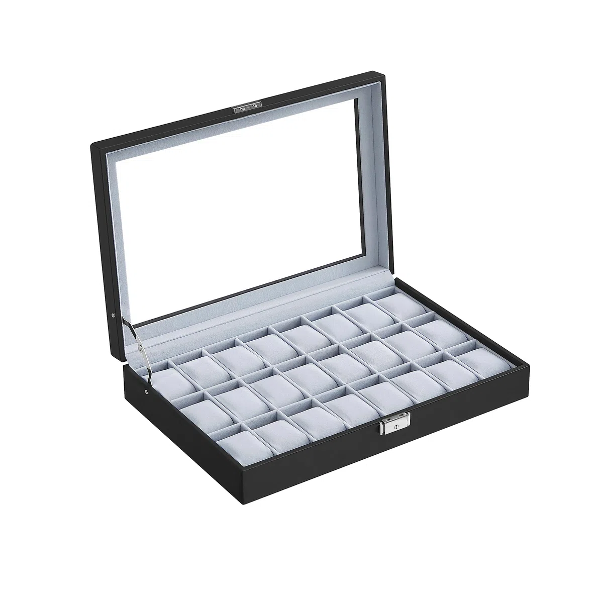 SONGMICS Caja de Relojes, Estuche de Relojes con Cierre, con 24 Ranuras, Tapa de Cristal, Regalo para Seres Queridos, Cuero Sintético, Forro Gris y Superficie Negro Tinta JWB024