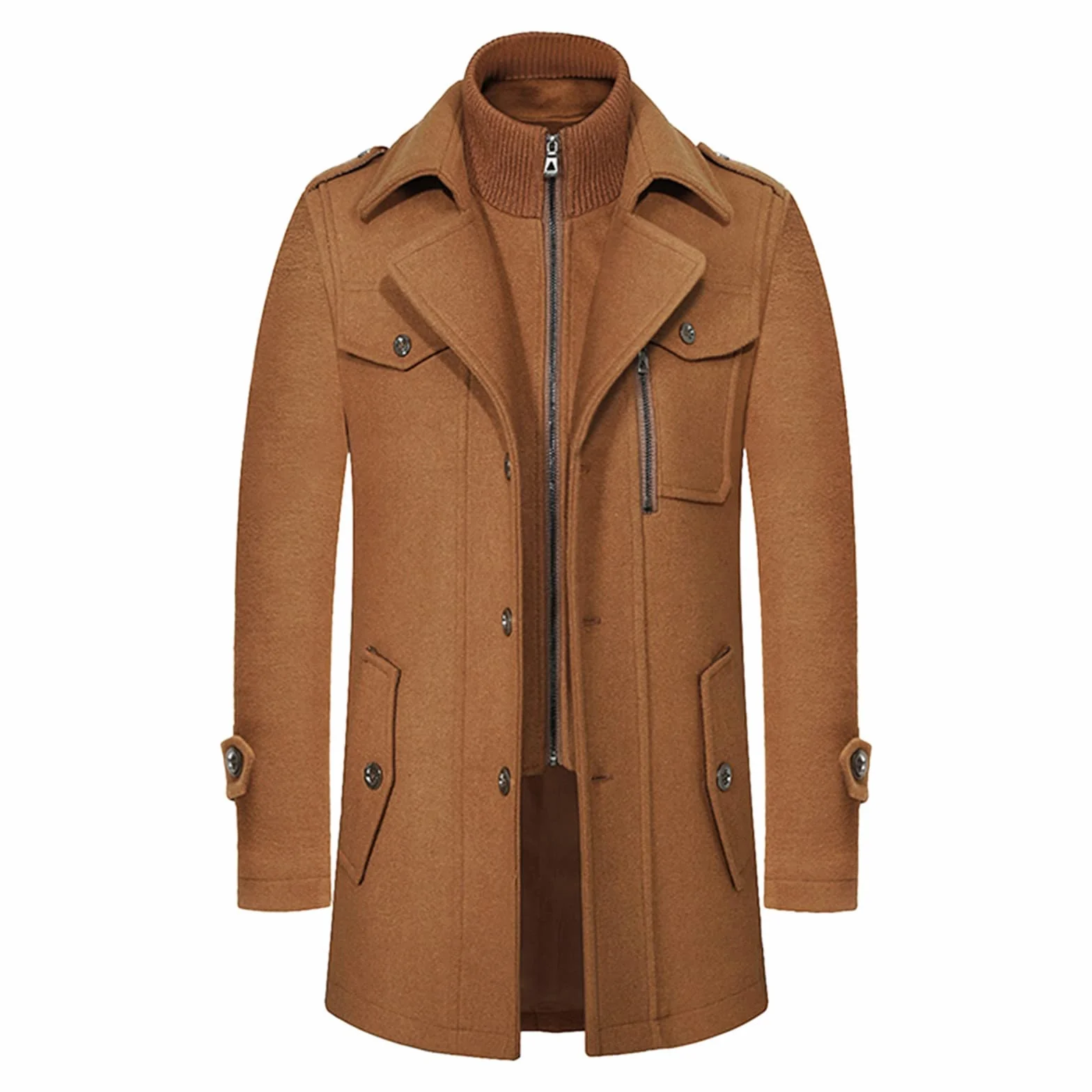 Abrigo de lana con cuello de doble capa para hombre, gabardina de longitud media, abrigo de diseño moderno, abrigo grueso y ajustado, abrigo térmico resistente al viento, abrigo liso de un solo pecho