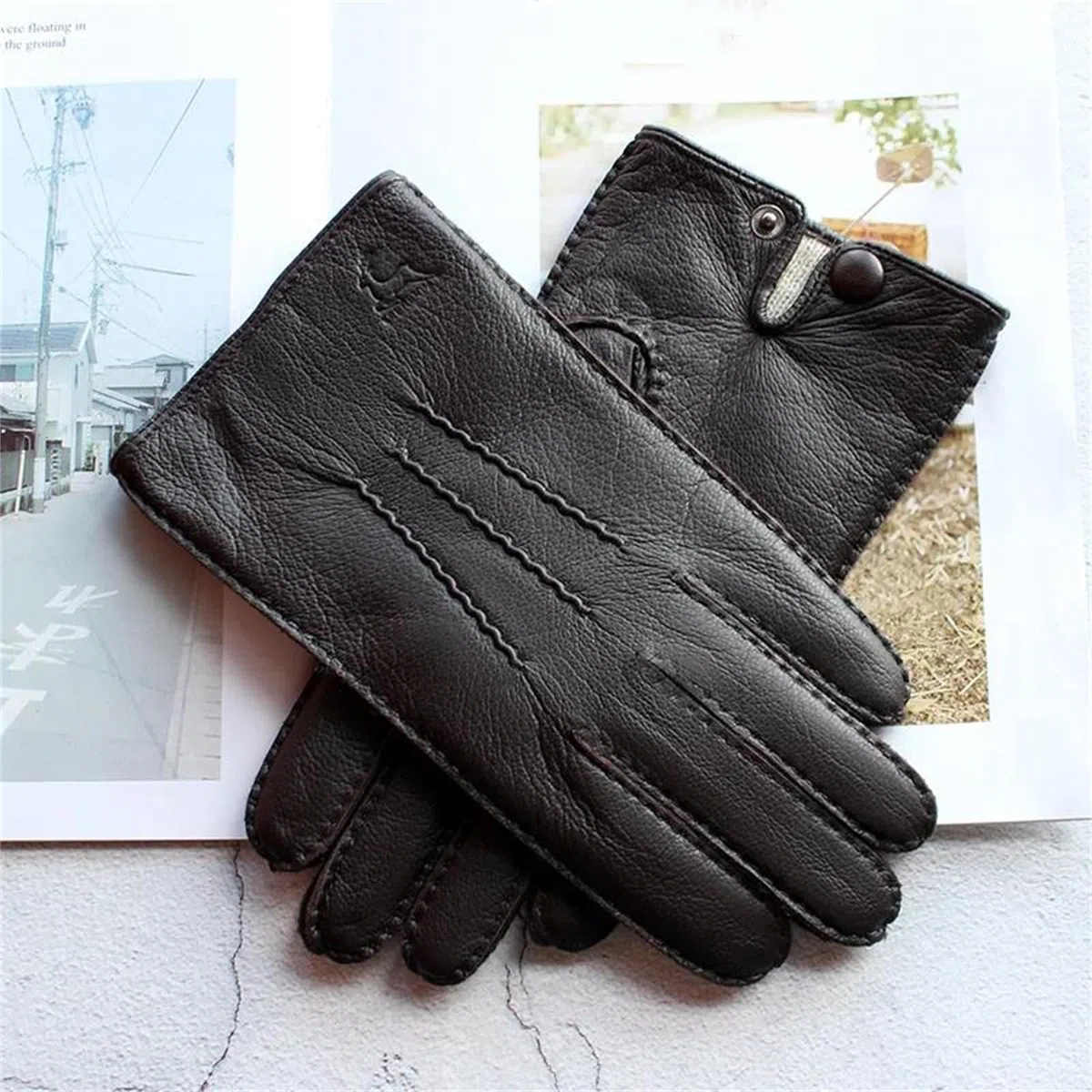 Guantes de piel de ciervo auténtica para hombre, con forro de lana, cálidos, térmicos, para conducir, motociclismo, a la moda